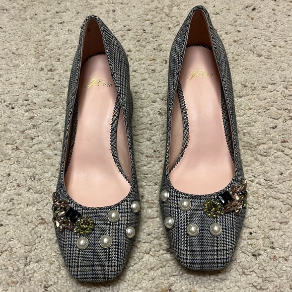 J Crew Celia Pumps Pearls EMBELLISHED PLAID Heels Black White Blue Shoes Size 9 - Picture 1 of 10